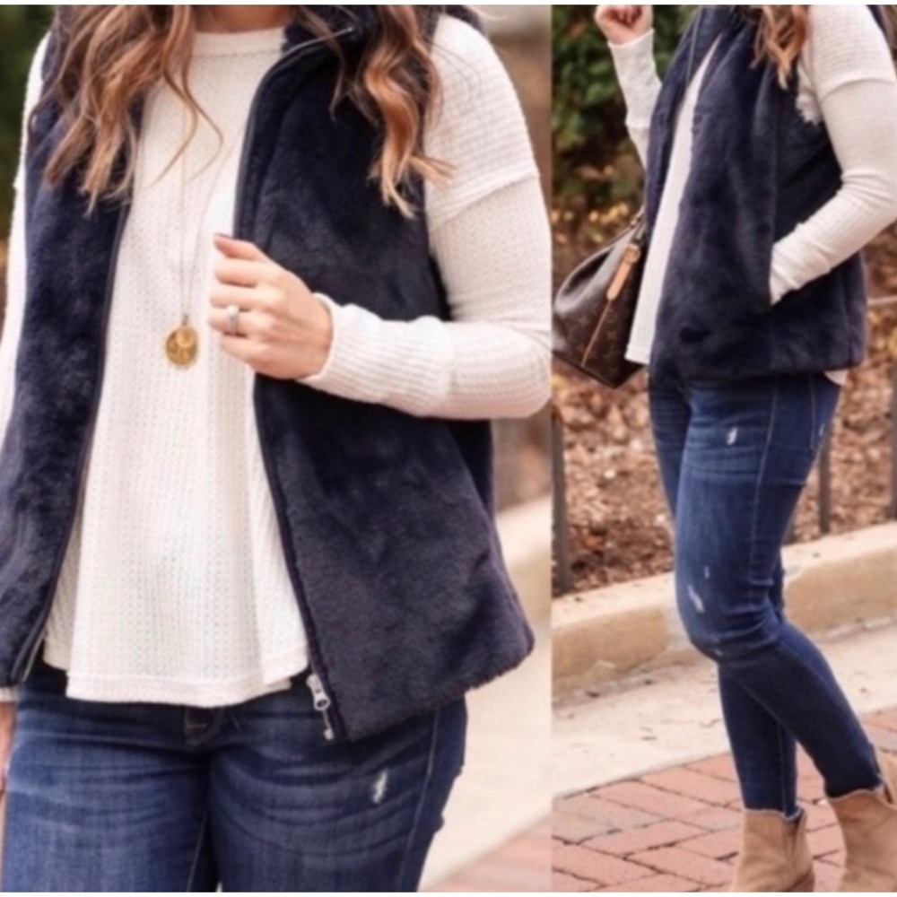 J.Crew Women's Navy Blue Faux Fur Full Zip Vest K2216 Size XL